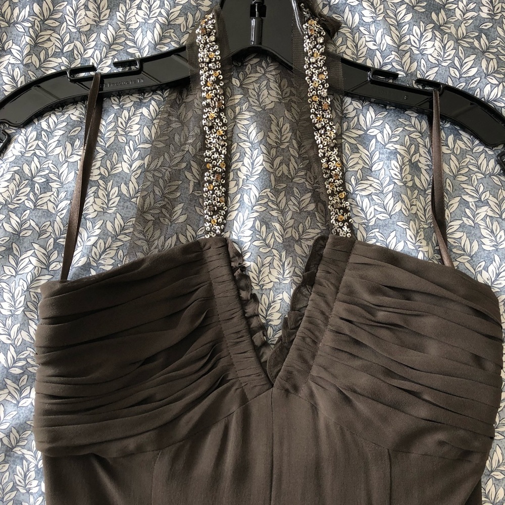 BCBGMAXAZRIA Silk Brown Halter Sequin Gown